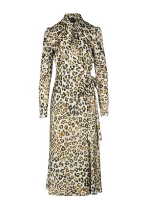 Leopard print dress with long sleeves, a high collar, and a tied waist detail. Made from a smooth fabric with green, brown, and black spots.