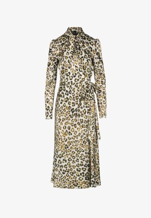Vestido de estampado de leopardo con mangas largas, un cuello alto y un detalle de cintura atada. Fabricado con una tela suave con manchas verdes, marrones y negras.