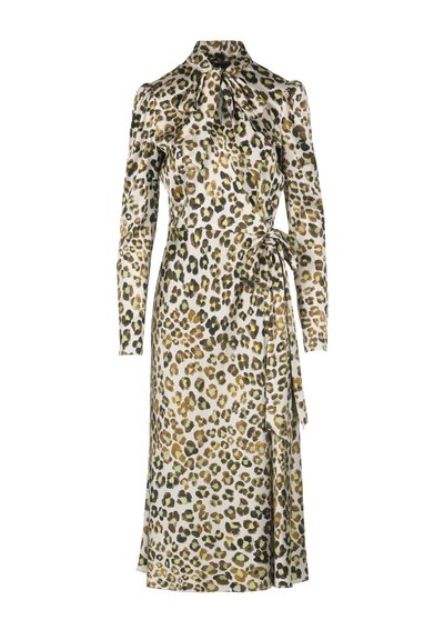 Leopardenmuster-Kleid mit langen Ärmeln, hohem Kragen und gebundenem Taillendetail. Hergestellt aus einem glatten Stoff mit grünen, braunen und schwarzen Flecken.
