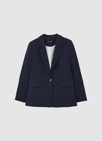 Blazer bleu marine en tissu lisse, doté d'un col cranté, d'une fermeture à un bouton, de deux poches avant et d'une coupe décontractée.