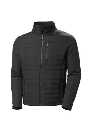 Chaqueta acolchada negra con cremallera frontal completa, cuello alto, bolsillo en el pecho con cremallera y mangas largas.