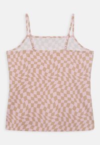 Top camiseiro em padrão ondulado em rosa e castanho, com alças ajustáveis, feito de um tecido suave e leve.