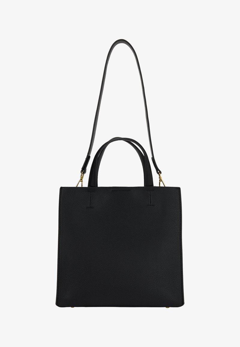 Juoda odinė rankinė su tekstūruotu paviršiumi. Turi dvi trumpas rankenas ir ilgą reguliuojamą diržą. Paprastas stačiakampis dizainas.