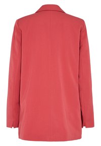Korallfärgad blazer, enkelknäppt, med slagkrage, långa ärmar, slät textur, bakvy, med minimala sömmar och en skräddarsydd passform.