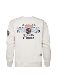 Felpa leggera di colore crema con scollatura tonda, caratterizzata da grafiche "DAYTONA 500" e ali sul retro, insieme a toppe sulle maniche.