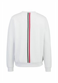 Weißes Sweatshirt mit Rundhalsausschnitt, langen Ärmeln und vertikalen grünen und roten Streifen, die zentral über den Rücken verlaufen.