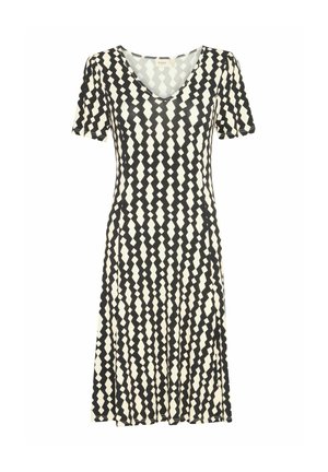 Rochie cu un model negru și crem, cu decolteu în V, mâneci scurte și o siluetă evazată, având un design în diamant. Textură moale a materialului.