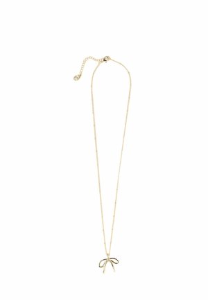 Delicate gold necklace with thin chain and small bow-shaped pendant hanging at the center, featuring an adjustable clasp.