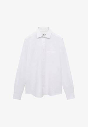 Biely dlhý rukáv košele vyrobený z bavlny, s klasickým golierom, zapínaním na gombíky vpredu a jedným vreckom na ľavej strane hrude. Hladká textúra.