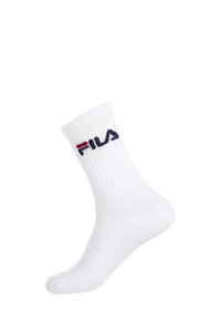 Chaussettes blanches en coton avec texture côtelée et logo Fila brodé en bleu marine et rouge sur le dessus. Conçues pour un usage décontracté.