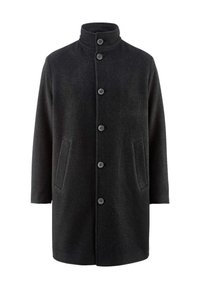 Dunkelgrauer Wollmantel mit hohem Kragen, Vorderknopfleiste und zwei Seitentaschen. Verfügt über einen geraden Schnitt und eine weiche Textur.
