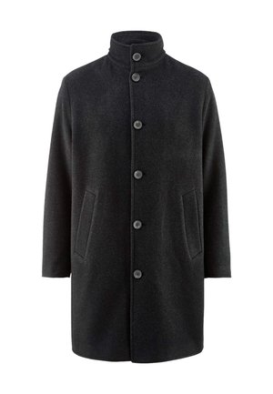 Dunkelgrauer Wollmantel mit hohem Kragen, Vorderknopfleiste und zwei Seitentaschen. Verfügt über einen geraden Schnitt und eine weiche Textur.