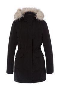 Czarna parka z kapturem wykończonym futrem, zapięciem na guziki z przodu, ściąganym w pasie oraz dwiema kieszeniami na piersi.