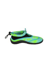 Lichte waterschoenen met een felgroene en blauwe patroon bovenkant, zwarte mesh zijkanten en een gestructureerde rubberen zool voor grip.