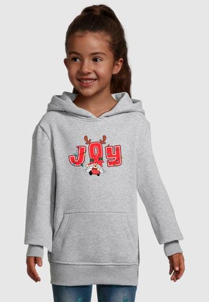 Szürke kapucnis pulóver puha anyagból, játékos "JOY" grafikával, melyen rénszarvas agancsok és színes fények láthatók, továbbá egy elülső zseb található.