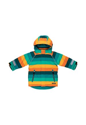 Värikäs eristetty takki, jossa on oranssi, sinivihreä ja vihreä raidallinen kuvio; siinä on hupullinen, vetoketjulliset taskut ja heijastavat yksityiskohdat.
