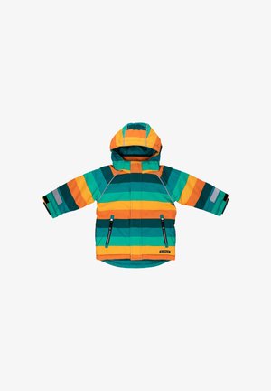 Farverig, isoleret jakke med et mønster af orangerøde, blågrønne og grønne striber; har hætte, lynlåslommer og reflekterende detaljer.
