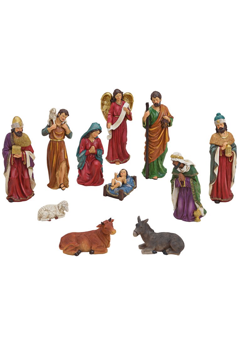 Das Set mit Krippenfiguren umfasst ein Baby in einer Wiege, Engel, Hirten, Könige und Tiere, die aus einem glatten, mehrfarbigen Material gefertigt sind.
