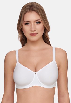 Woman with light brown hair wearing a white underwire bra with smooth cups and adjustable straps against a plain background.