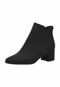 Black ankle boot featuring a smooth suede finish, pointed toe, and a block heel. Design includes a cutout at the ankle for added style.