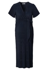 Marineblaues Wickelkleid mit kurzen Ärmeln, gefältelter Textur und einem gebundenen Taillengürtel. Bodenlang mit einem V-Ausschnitt.