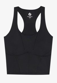 Czarny stanik sportowy z okrągłym dekoltem i designem typu racerback. Posiada akcenty w postaci przeszyć oraz dopasowany krój, wykonany z elastycznego materiału.