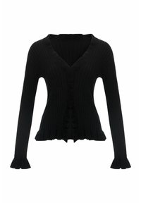 Czarny prążkowany kardigan z długimi rękawami, dekoltem w serek i falbaną na dole. Posiada zapięcie na guziki z przodu i rozszerzane mankiety. Wykonany z miękkiego dzianinowego materiału.
