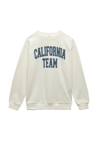 Kremowy sweatshirt z długimi rękawami, z ribbowanym wykończeniem mankietów i dolnej krawędzi. Na piersi znajduje się napis "CALIFORNIA TEAM" w pogrubionej niebieskiej czcionce.