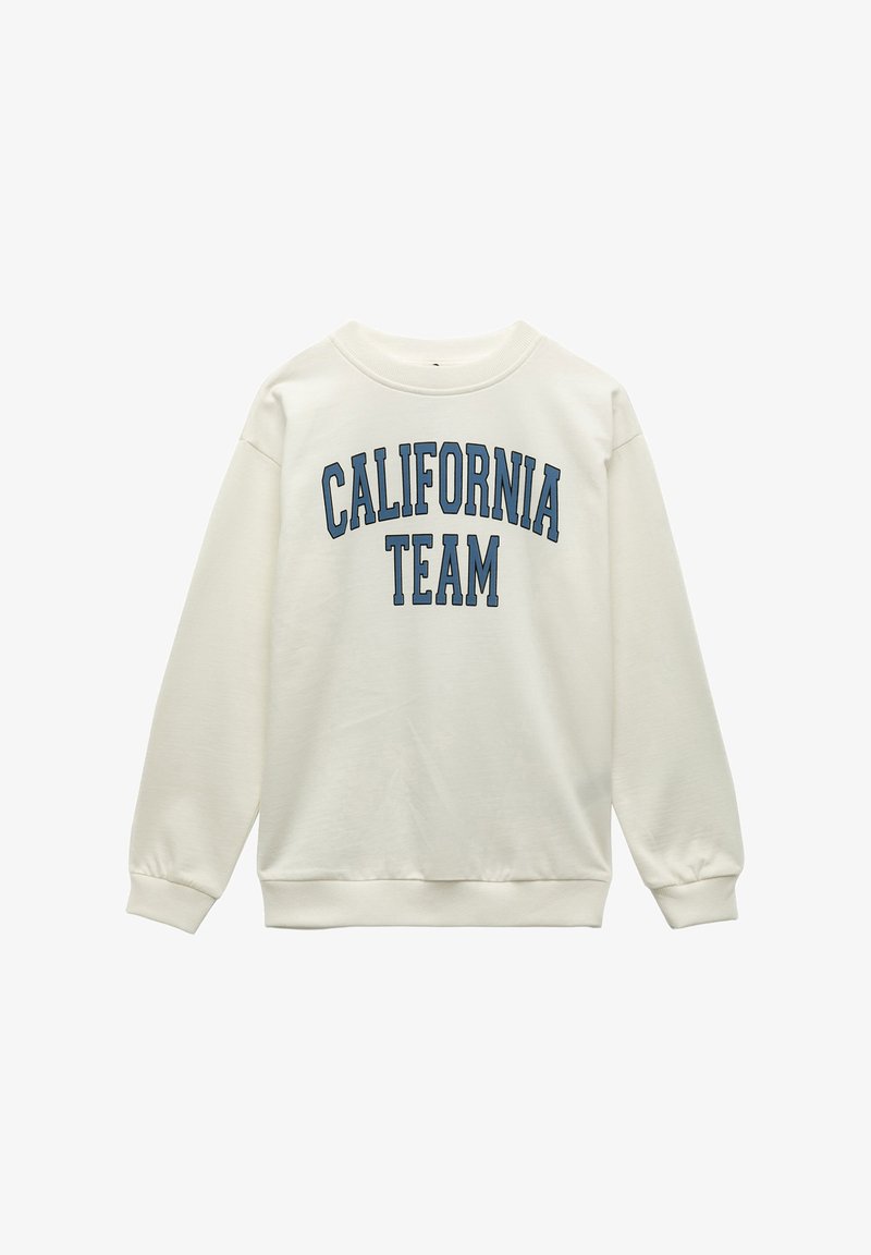 Sudadera color crema con mangas largas, puños y dobladillo acanalados. Presenta "CALIFORNIA TEAM" en letras azules en negrita a lo largo del pecho.