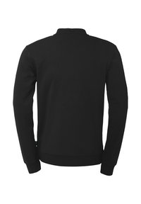 Sweatshirt noir à manches longues et col montant, avec une texture unie et des poignets côtelés. Pas de logos ni de motifs visibles.