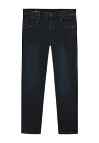 Jeans in denim scuro con una vestibilità dritta, dotati di cinque tasche, chiusura con bottone e una leggera scoloritura. Il tessuto ha una consistenza liscia.
