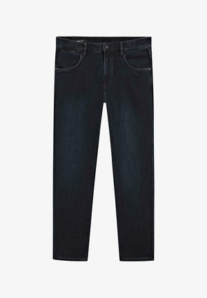 Mørke denim jeans med lige pasform, der har fem lommer, en knaplukning og diskret falmning. Stoffet har en glat overflade.