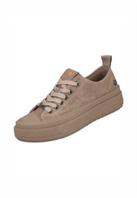 Zapatilla beige con parte superior de tela texturizada, punta de goma y suela elevada. Cuenta con cierre de cordones y una lengüeta en el talón.