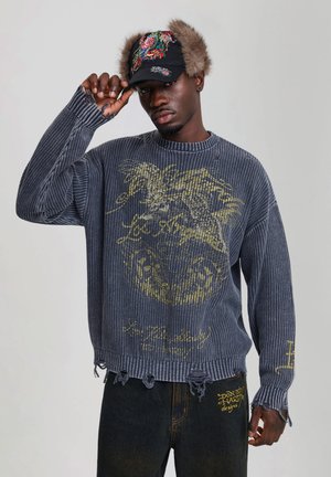 Ed Hardy, MENS DISTRESSED LOS ANGELES KNITTED RELAXED CREW JUMPER - Trui - black