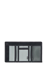 Portafoglio con un'esterno in tessuto nero, dotato di più scomparti. Interno grigio chiaro con tasca in rete e chiusura con zip. Forma rettangolare.