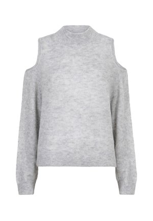 Grijze gebreide trui met een hoge hals en een cold-shoulder ontwerp. Zachte textuur, lange mouwen en geribde manchetten. Eenvoudige en moderne snit.