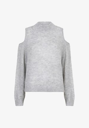 Grijze gebreide trui met een hoge hals en een cold-shoulder ontwerp. Zachte textuur, lange mouwen en geribde manchetten. Eenvoudige en moderne snit.