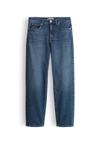 Jeans denim blu a gamba dritta con tasche anteriori e posteriori, chiusura con bottoni e leggero sbiadimento sulle cosce su sfondo bianco.