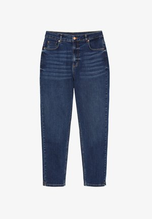 Jeans denim w ciemnym niebieskim kolorze o prostym kroju. Posiada pięć kieszeni, miedziane nity oraz subtelne przetarcia na udach.