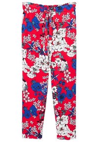 Pantalons floraux rouges avec taille à cordon, ornés de motifs floraux bleus et blancs et d'accents verts. Fabriqués en tissu léger.