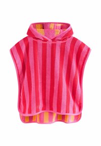 Rosa und orange gestreifter Poncho mit Kapuze, aus weichem Frottee-Gewebe, mit kontrastierender innerer Textur und Besatz.
