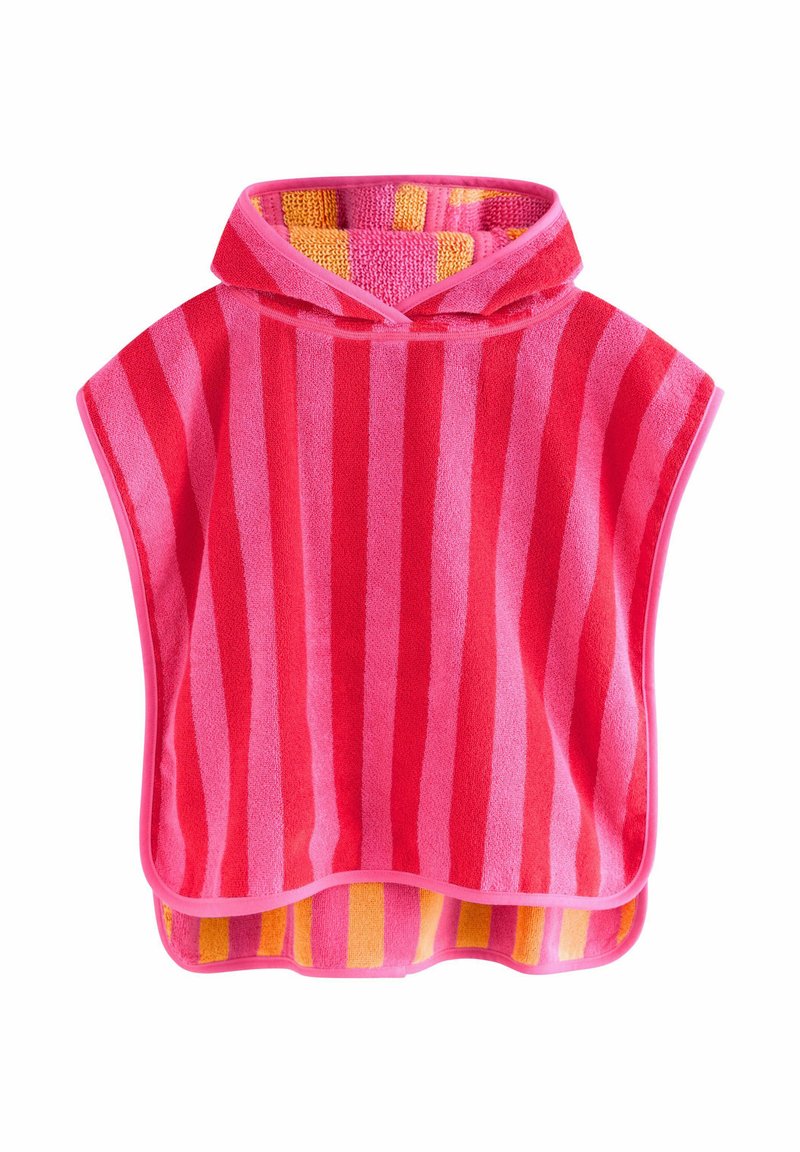 Rosa und orange gestreifter Poncho mit Kapuze, aus weichem Frottee-Gewebe, mit kontrastierender innerer Textur und Besatz.