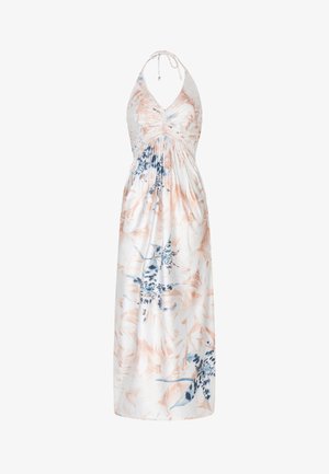 Maxi dress with a halter neck, featuring a gathered bodice. Made of lightweight fabric with a floral pattern in peach and blue on a white background.