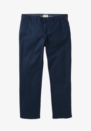 Marineblauwe katoenen broek met een rechte pijp, voorzien van een knoopsluiting, zijzakken en een subtiele oranje accent nabij de taille.