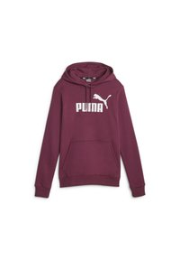 Bordeaux hættebluse med kængurulomme, snøre til hætten og et hvidt Puma-logo på brystet. Blødt stof, lange ærmer.