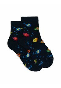 Marineblaue Baumwollsocken mit einem bunten Fischmuster in Orange, Pink, Grün und Blauen Akzenten, sowie Blasenmotiven verteilt über die gesamte Socke.