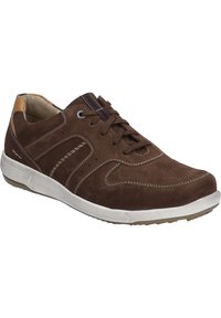 Brown suede sneaker with white rubber sole, featuring lace-up design, contrasting stitching, and perforated detailing on the sides.