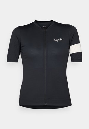 Korte mouwen fietsjersey van zwarte stof met een gestructureerd patroon, voorrits en een witte streep op de linkermouw. Geborduurd logo.