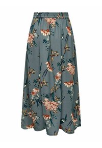 Blomstret maxiskørt i grønt stof med elastisk talje. Fines rosa og hvide blomster og grønne accenter mod en tekstureret baggrund.