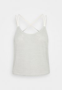 Jasnoszary bezrękawnik o luźnym kroju, wykonany z miękkiej tkaniny. Posiada cienkie białe krzyżowe ramiączka i zaokrąglony dekolt.